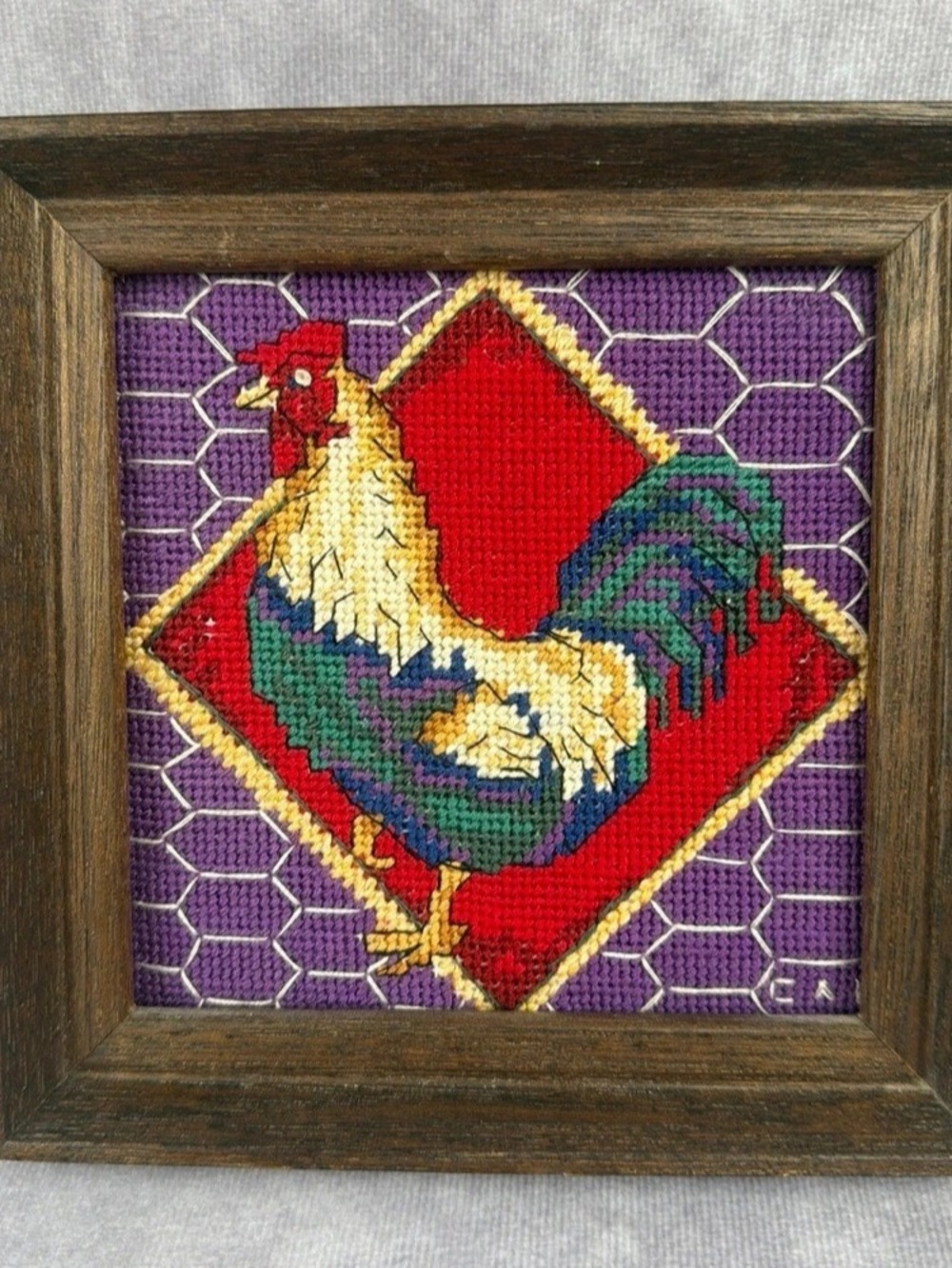 Vintage Framed Rooster Needlepoint Folk Art Farmhouse Wall Decor